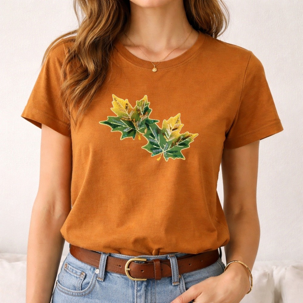 Collector Tee Cotton‎ Amber Haze Sequin Maple Leaf Graphic T-Shirt Women Small